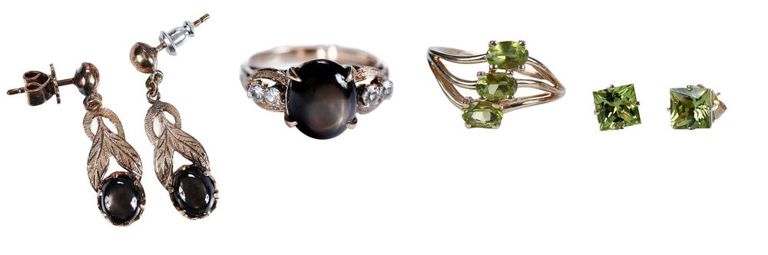 Two 14k earring and ring sets: black star sapphire and peridot
