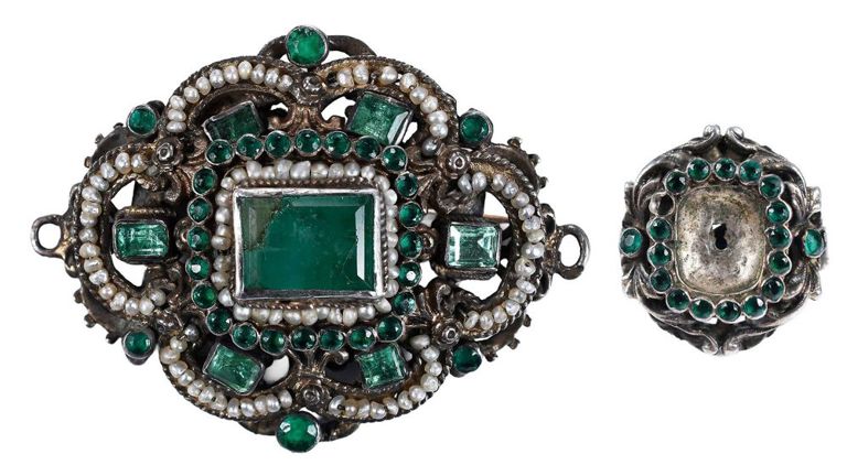 Antique emerald and seed pearl brooch and ring