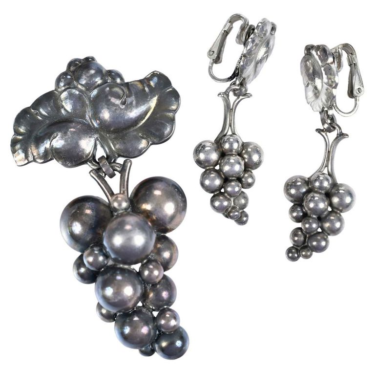 Georg Jensen sterling 'Moonlight Grapes' brooch and earrings set