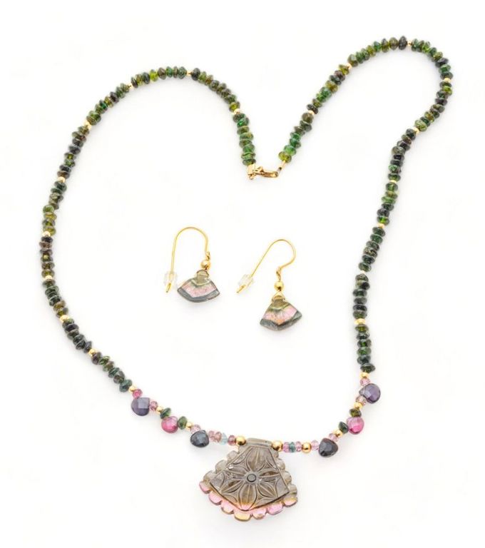 Beaded green tourmaline, 14k gold necklace & earrings