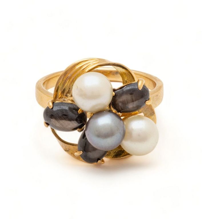 Pearl, tahitian pearl, 14k gold & black star sapphire ring