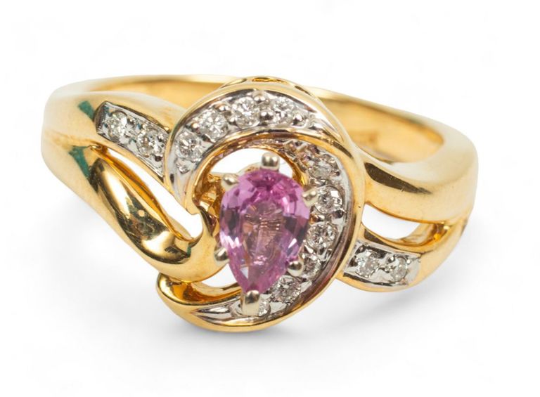 Natural pink sapphire, diamond and 14k gold ring