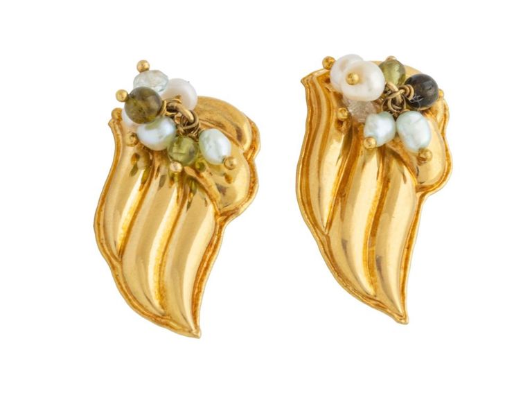 Greek 18k yellow gold, pearl and peridot earrings