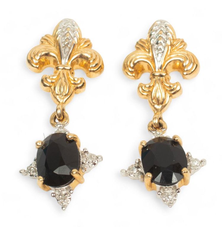 Vintage sapphire, diamond and 10k gold fleur-de-lis earrings