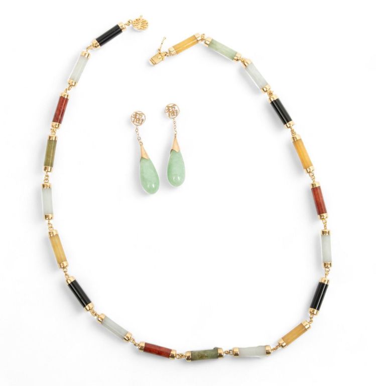 Chinese multi-colored jade and 14k yellow gold necklace and earrings