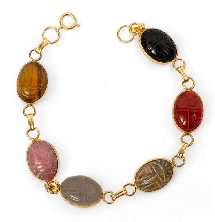 Multi-gemstone and 14k yellow gold scarab bracelet