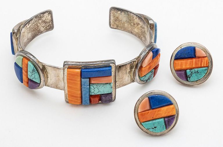 Lynol Yellowhorse sterling silver and stone cuff bracelet and earrings