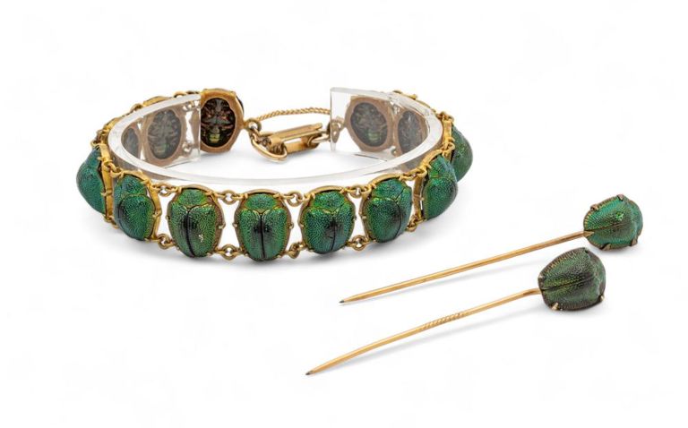 Antique egyptian revival iridescent scarab beetle bracelet & pins