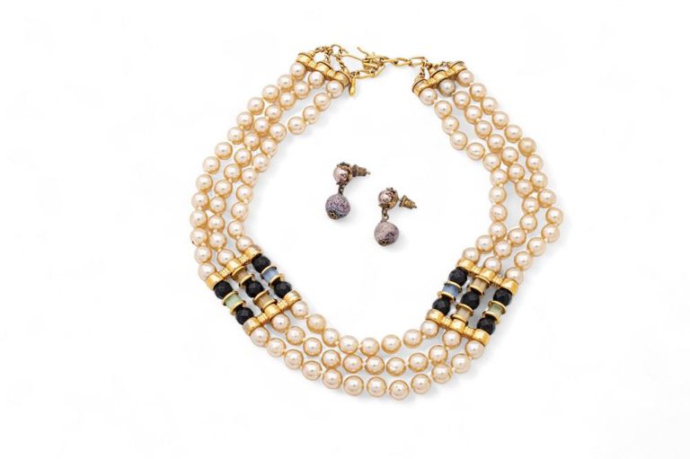 Miriam Haskell earrings & designer 3 strand necklace