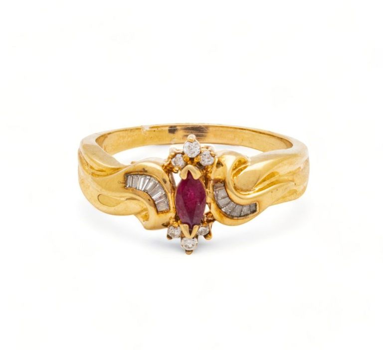 Marquise ruby, diamond & 14k yellow gold ring