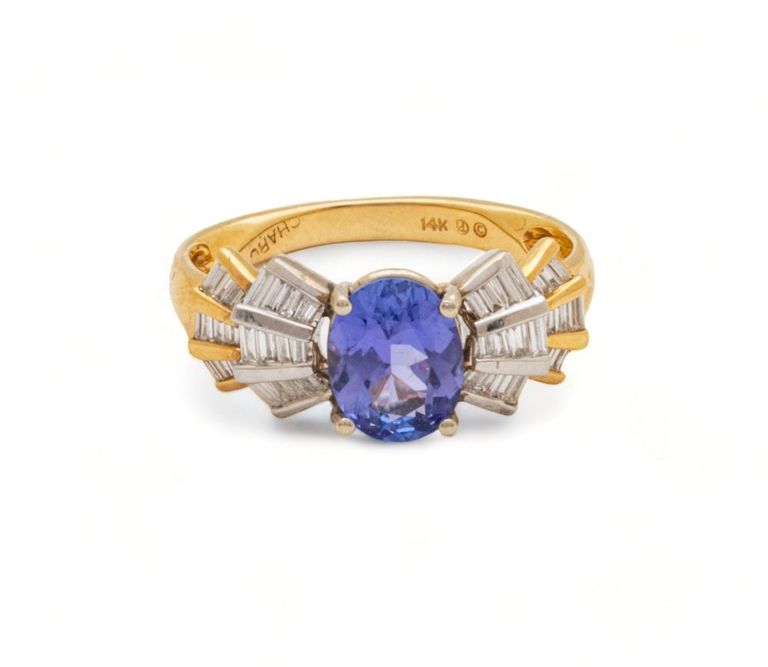 1.79ct tanzanite, 1.5ct diamond & 14k yellow gold ring