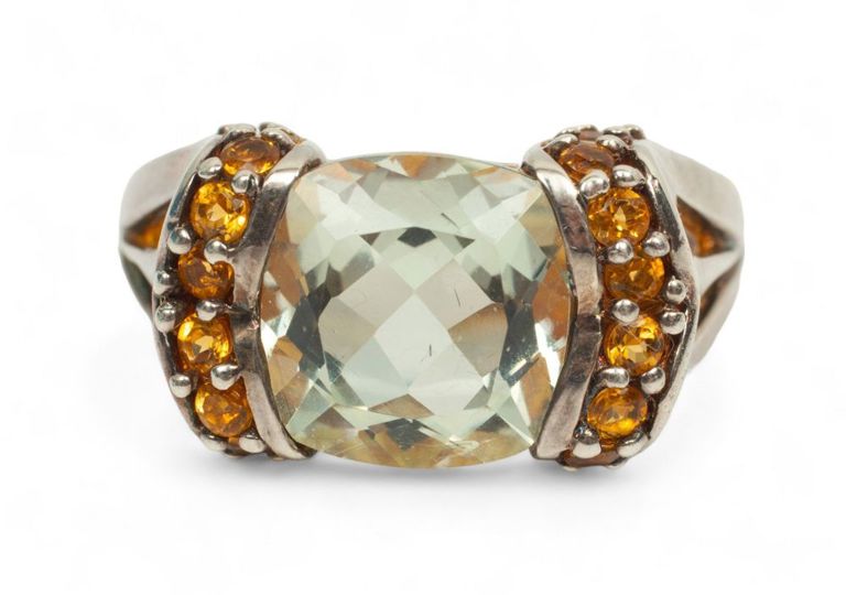 Checkerboard cut orthoclase, citrine and sterling silver ring