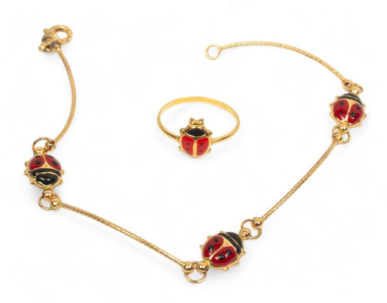 Children's enameled 14k yellow gold ladybug bracelet and ring set