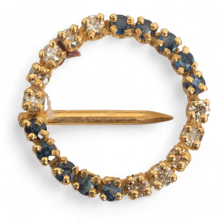 Yellow gold, sapphire and diamond circle pin