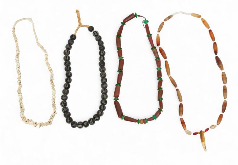 African glass and shell trade bead necklaces,