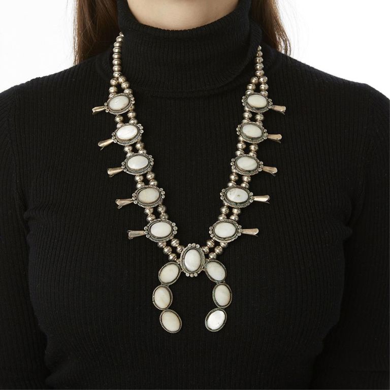 Shell squash blossom necklace with white stones