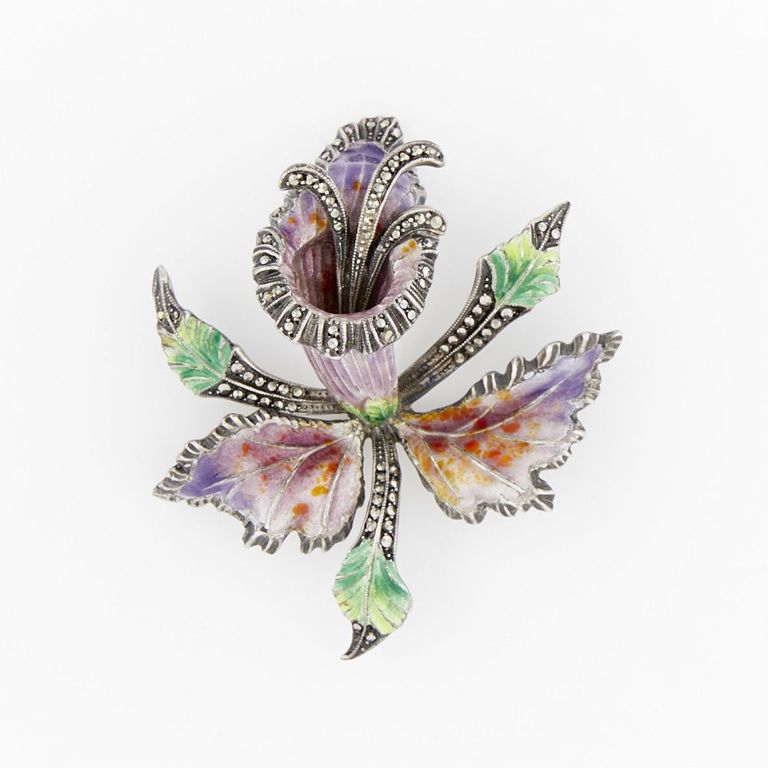Silver enamel and marcasite orchid brooch