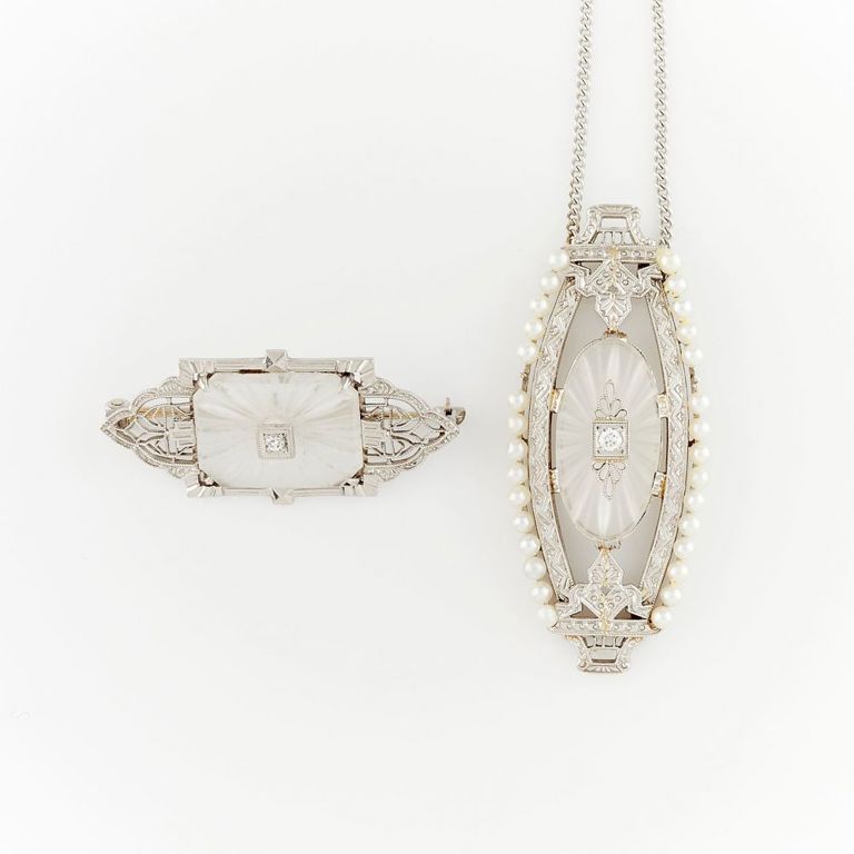 Two pieces of Art Deco style diamond and camphor glass jewelry
