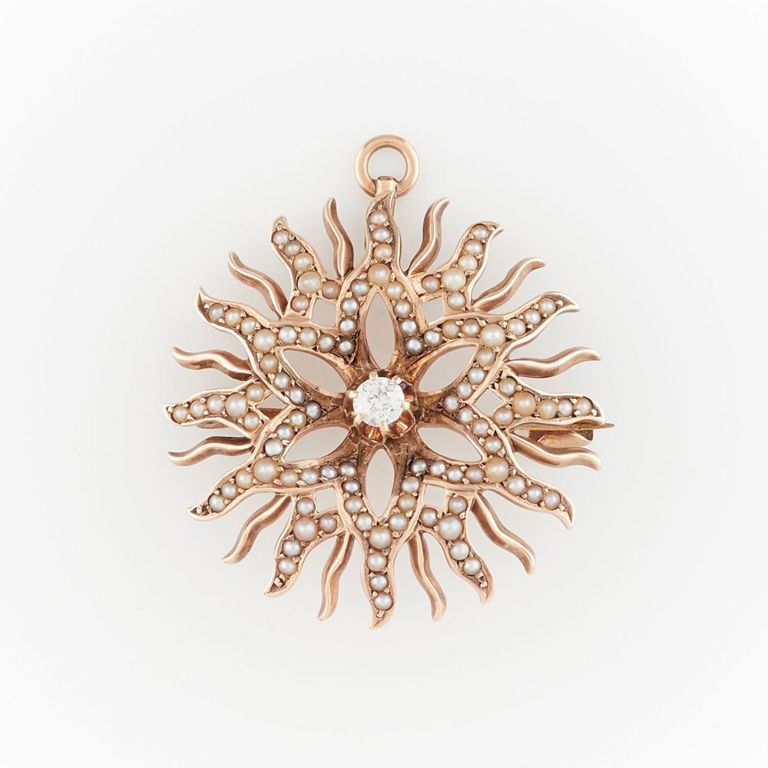 Sunburst seed pearl and diamond pendant/brooch