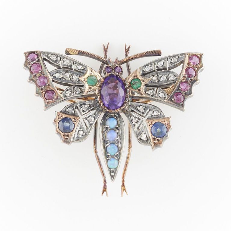 Late Victorian 14k Gem Set Butterfly Brooch