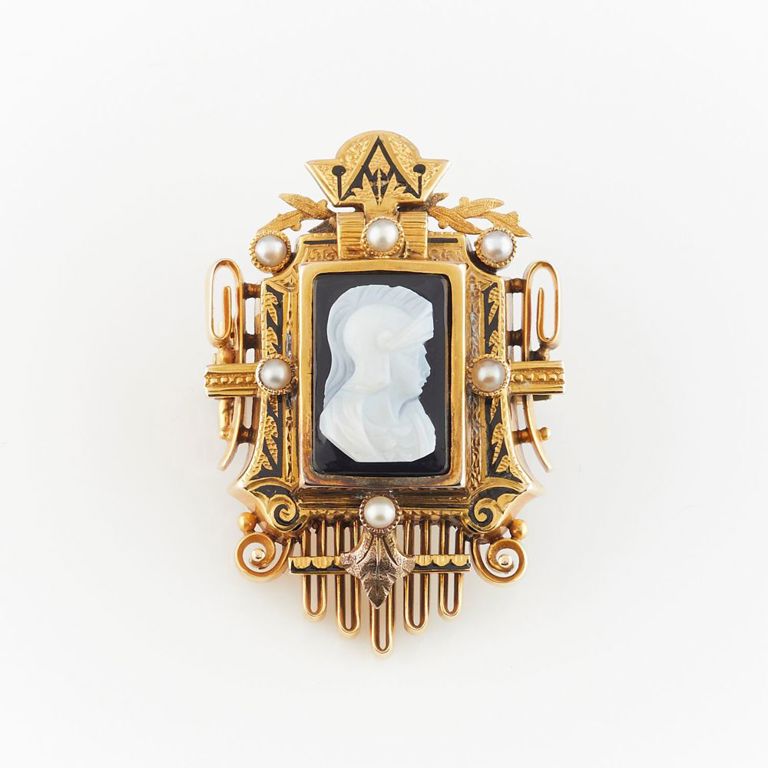 14k Gold & Hardstone Cameo Brooch