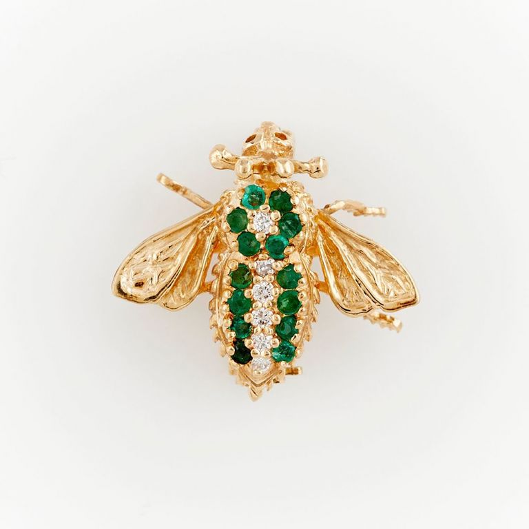 EMA 14k Yellow Gold, Diamond, & Emerald Fly Brooch