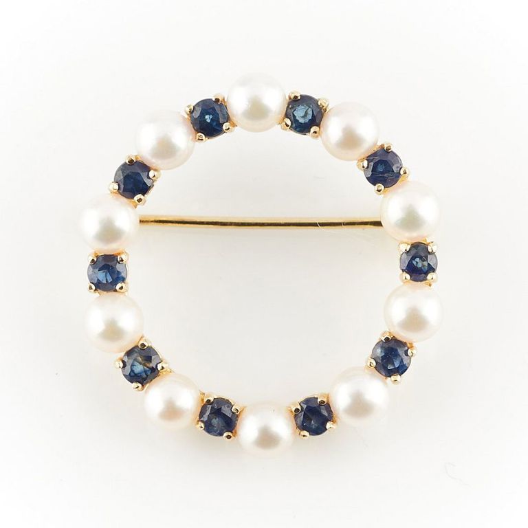 14k Yellow Gold Cultured Pearl and Sapphire Pin
