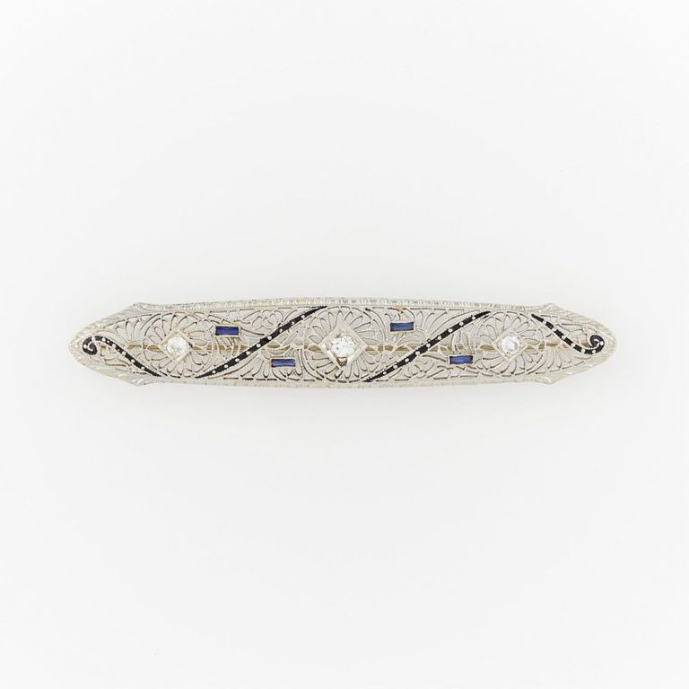14k white gold filigree brooch with diamonds, sapphires, and enamel