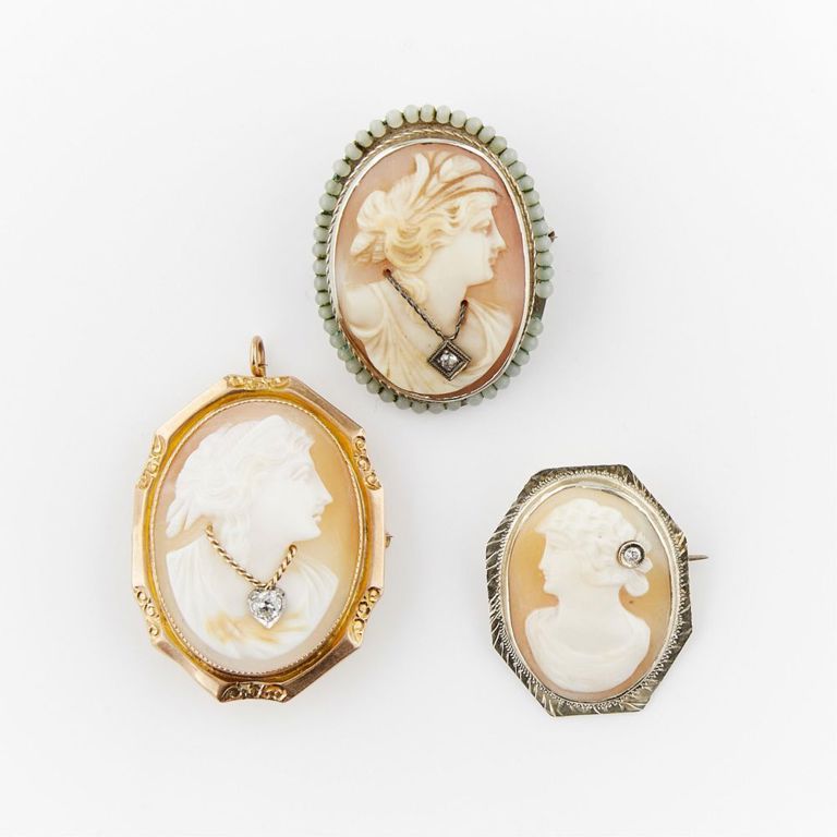 Group of three shell cameo habille brooches