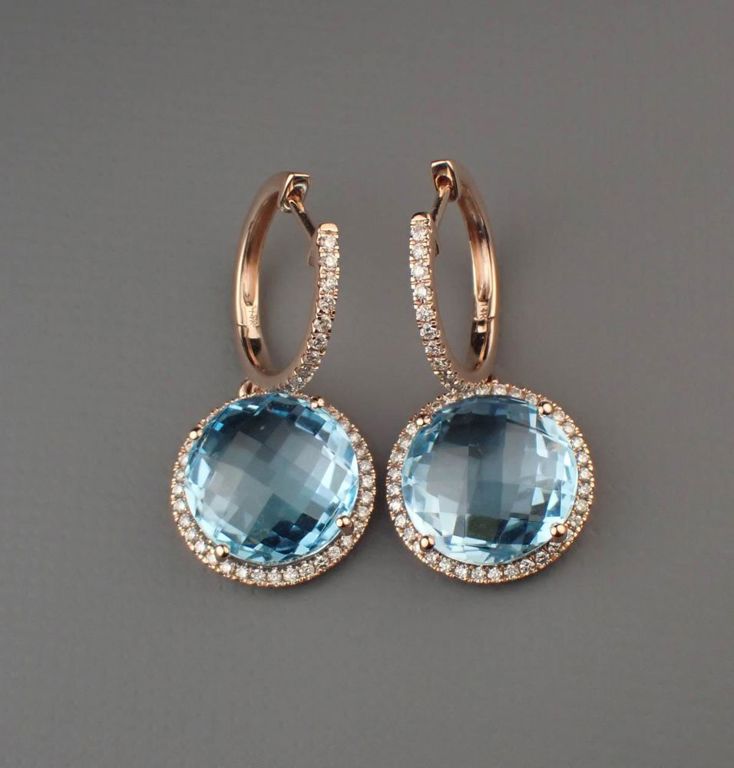 Blue topaz, diamond and 14k rose gold earrings