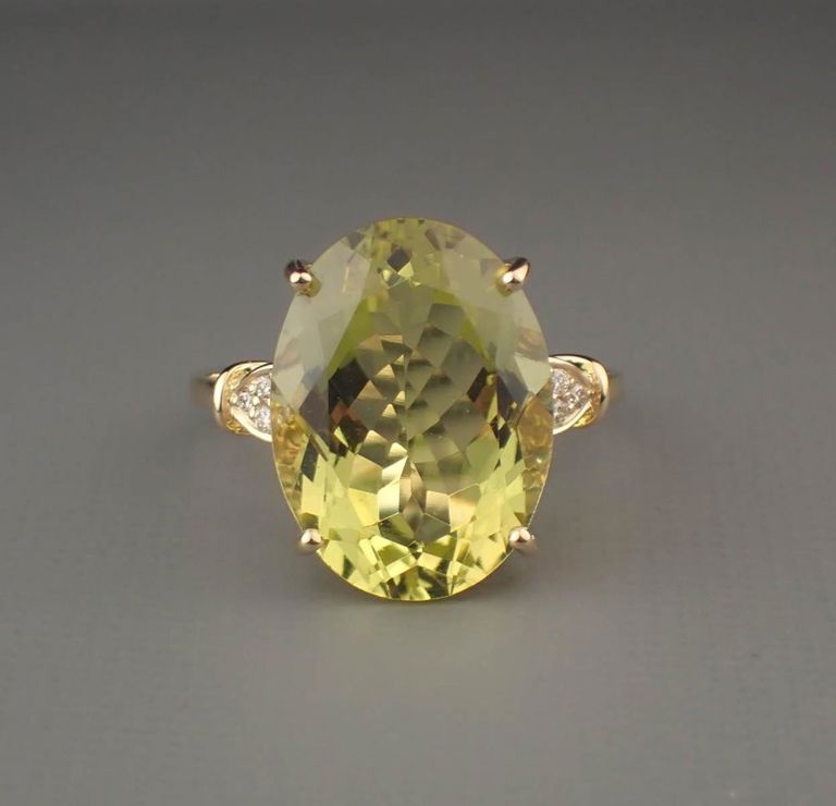 Lemon quartz, diamond and 14k rose gold ring