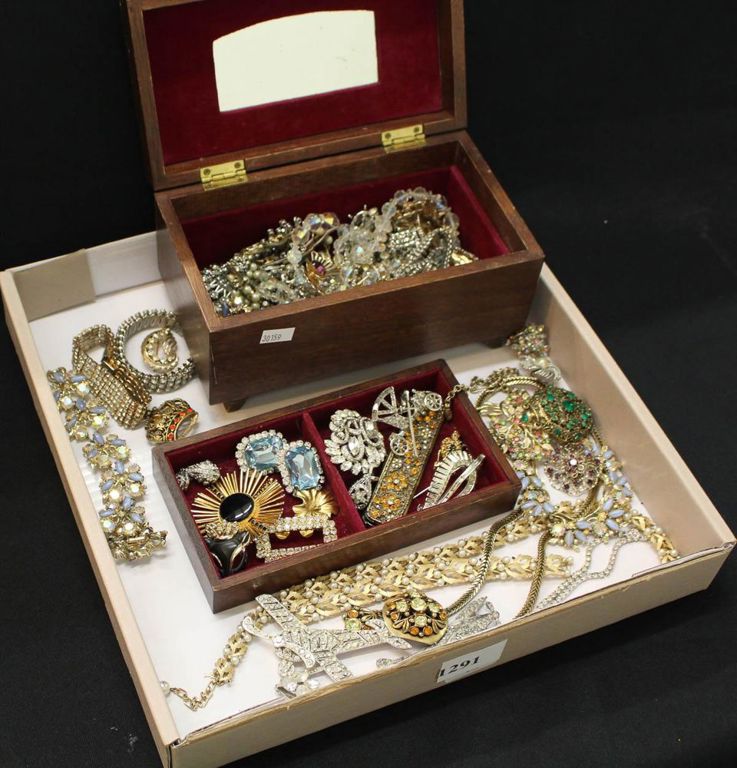 Tray of costume jewelry and jewelry box