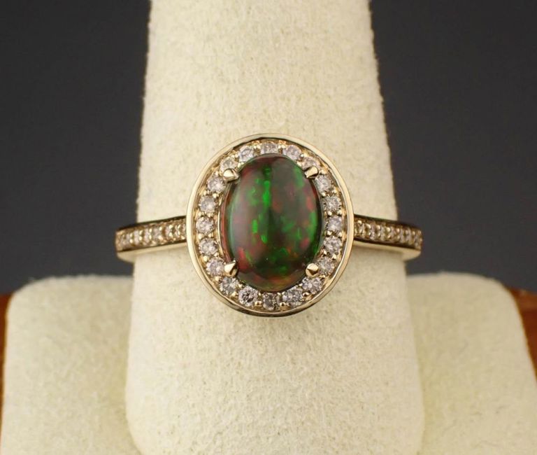 Black opal, diamond and 14k yellow gold ring