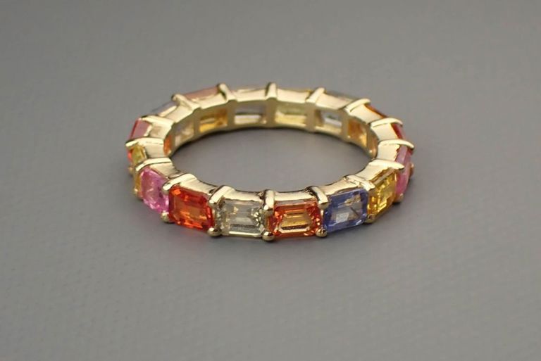 14k yellow gold multi-color sapphire eternity ring