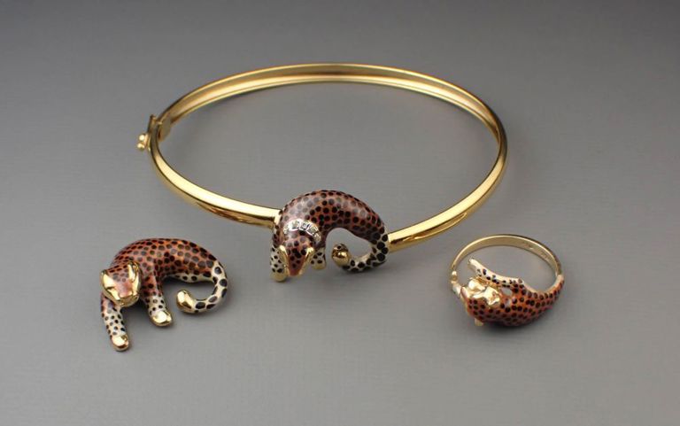 Enameled 14k gold cheetah jewelry set