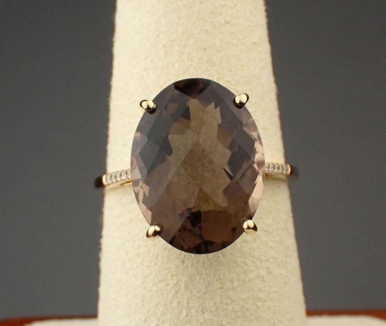 Oval smoky quartz diamond 14k yellow gold ring