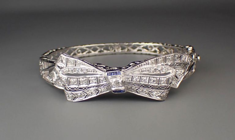 Diamond, sapphire and 14k white gold bangle