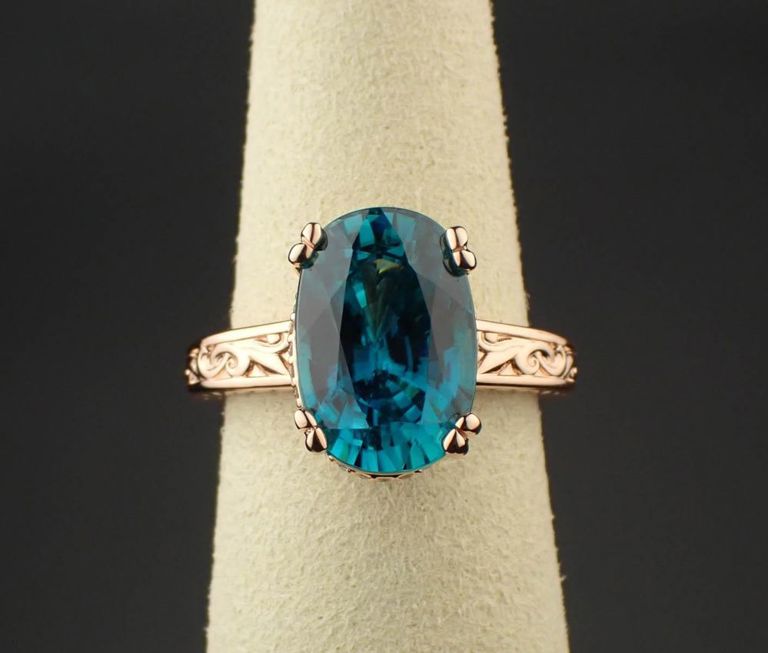 Blue zircon, diamond and 14k rose gold ring