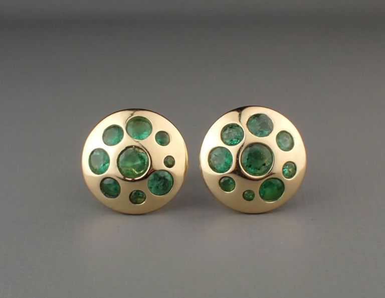 Emerald and 14k gold button earrings