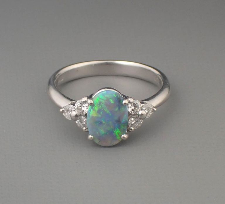 Opal, diamond and platinum ring