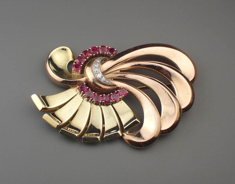 Retro ruby, diamond and 14k gold brooch
