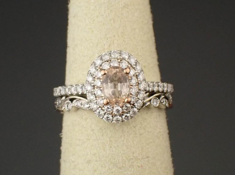 Peach sapphire and diamond wedding set