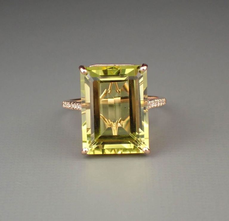 Lemon citrine, diamond and 14k rose gold ring
