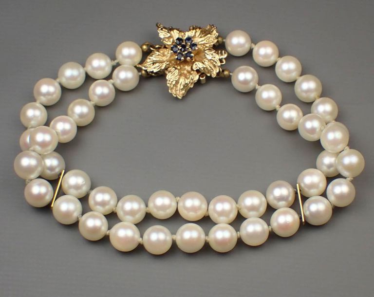 Akoya pearl, sapphire and 14k gold bracelet