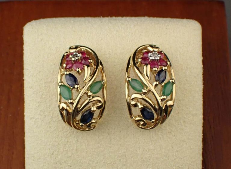 Ruby, sapphire, emerald and diamond earrings