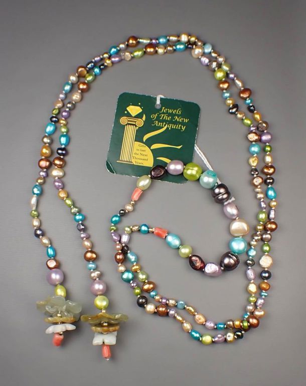 Jade, pearl, coral and 14k gold lariat necklace