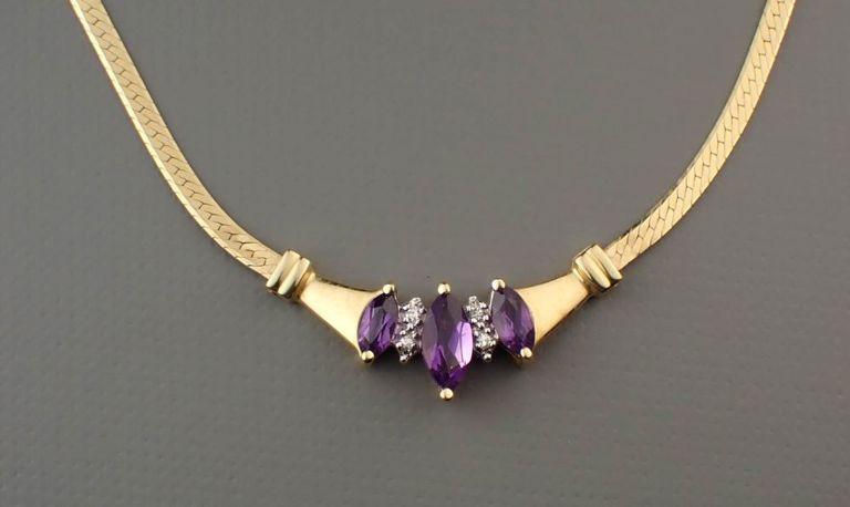 Amethyst, diamond and 14k yellow and white gold necklace