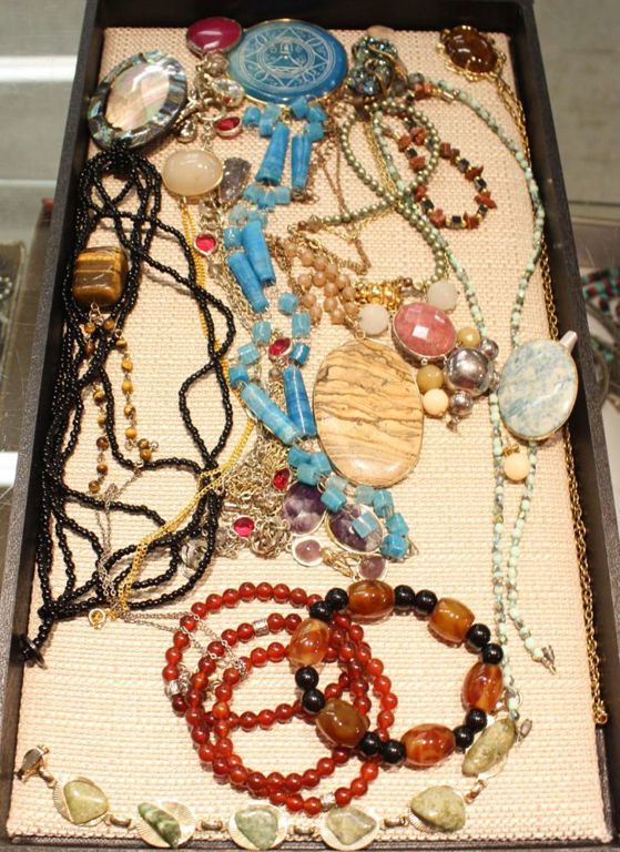 Tray of beaded jewelry