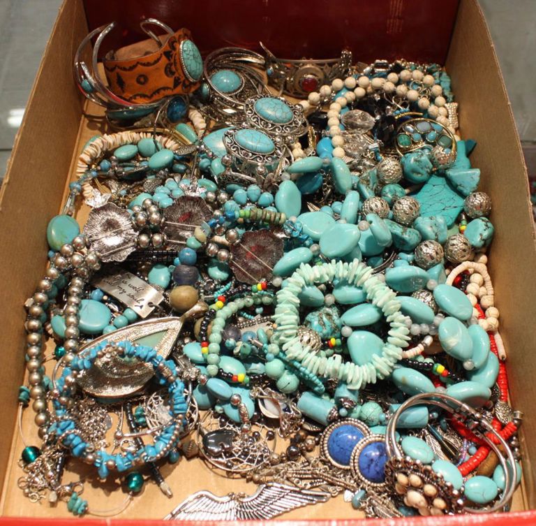 Tray of jewelry, many pieces turquoise