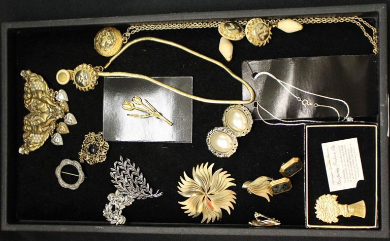 Tray of jewelry: necklaces, earrings, brooches